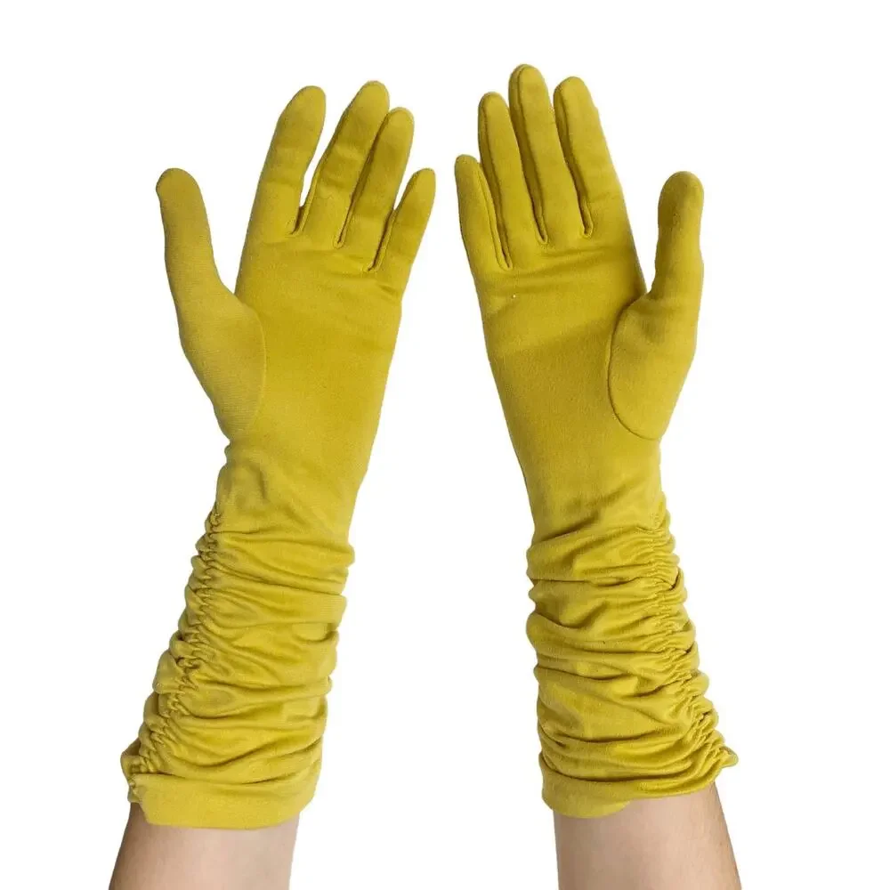 Vintage Fownes Embraceable Womens Size 6-7 Yellow Gathered Nylon Long Gloves
